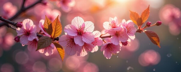 Wall Mural - sunlight illuminates dew-laden cherry blossoms and leaves , fresh, spring
