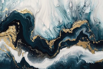 Poster - Fluid Abstract Art: Gold Veins on Blue White and Teal Backgrounds