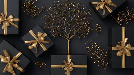 Poster - Black background with gold and black boxes and a tree, the boxes are decorated with gold ribbons and bows