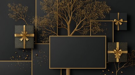 Poster - Black background with gold and black boxes and a tree, the boxes are decorated with gold ribbons and bows