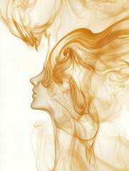 Poster - Ethereal Woman Profile Silhouette with Flowing Golden Smoke Abstract Art on White Background Studio Shot