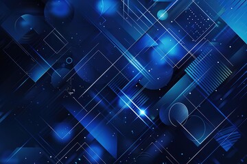 Fototapete - Abstract blue geometric pattern with lines circles squares and bright highlights