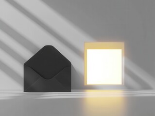 Poster - Minimalist studio shot of open black envelope next to glowing frame casting shadows on wall, neutral background, conceptual invitation design