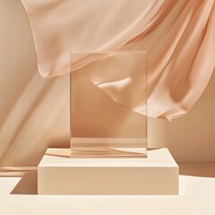 Poster - Abstract still life of glass block on pedestal with flowing peach fabric in studio setting; neutral background with soft shadows