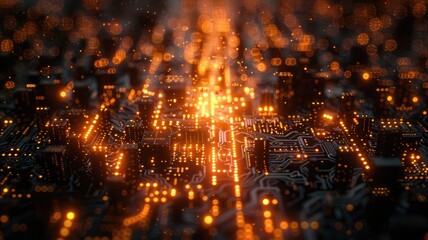 Fototapete - Abstract picture of chip on complex circuit with digital technology style design and the electric parts graphic show high tech system represent about processor algorithm process on computer. AIG53.