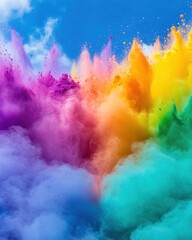 Poster - Colorful powder explosion against blue sky background in vertical format creating vibrant abstract art