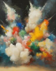 Poster - Colorful Explosion of Paint in Abstract Style, Studio Shot of Vibrant Pigment Clouds and Particles on Dark Background