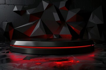 Poster - Sleek black podium with glowing red light accents against an abstract geometric backdrop