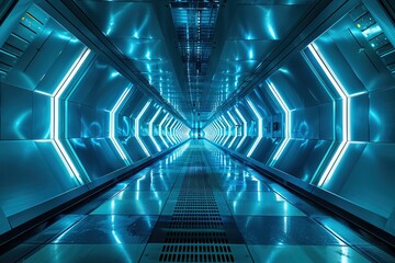 Poster - Futuristic Corridor: A glowing path into the future with blue lights and metallic finish