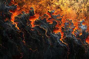 Poster - Fiery Abstract: Molten Gold and Dark Matter Intertwined Evoking Eruption and Creation