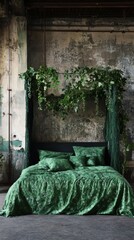 Poster - Green bedding with botanical motif and draped vines in a rustic room vertical shot