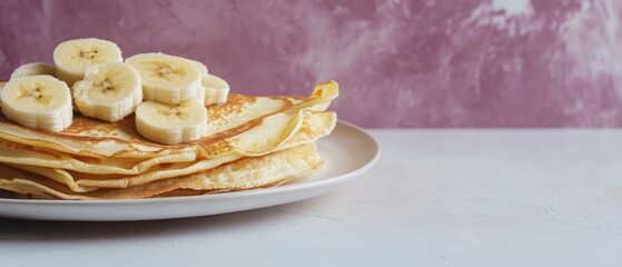 Poster - Stack of Pancakes Topped with Banana Slices on Plate Overhead Shot Delicious Breakfast Sweet Food Culinary Dessert Recipe