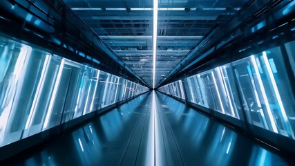 Poster - Futuristic Blue Metallic Corridor with Neon Lights - Video Frame in 4K.