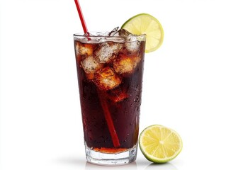 Poster - Refreshing cola drink with ice and lime slice studio shot on white background cold beverage with straw