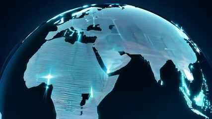 Poster - Digital Earth Globe Rotation Africa, Asia, Middle East - Global Connectivity Network, Futuristic World Map Visualization in 4K.