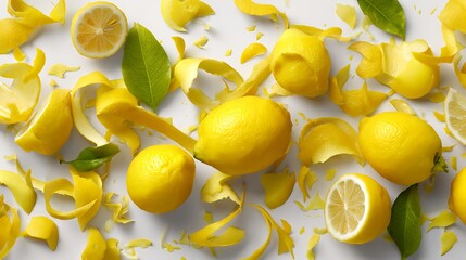 Poster - Bunch of lemons with their peels and slices scattered around, isolated
