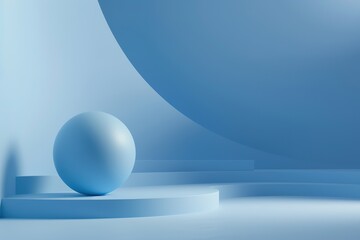 Poster - Minimalist presentation stage with sphere in pastel blue abstract studio setting