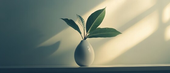 Poster - Indoor Still Life of Green Leaves in White Vase on Shelf with Sunlight and Shadow Minimalist Style