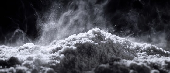 Poster - Powdered Substance Erupting in Dark Space Abstract Composition Close Up View Studio Shot White and Gray Tones