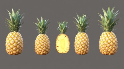 Poster - Row of Whole Pineapples and One Half Cut Pineapple Against Gray Background Studio Shot Still Life Tropical Fruit