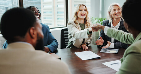Poster - Business, people and handshake in meeting for success of b2b onboarding, contract deal and corporate offer. Professional employees, happy and shaking hands with training coach for skills development