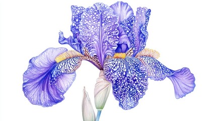 Poster - Watercolor Painting of a Purple Iris Blossom on White Background Detailed Botanical Illustration Close Up View Floral Art