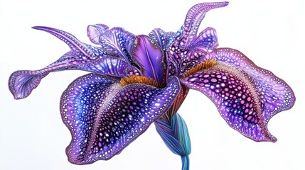 Poster - Close-up of a vibrant purple iris flower with intricate patterns against a clean white background in a studio setting