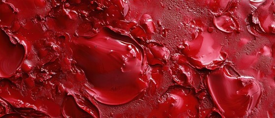 Poster - Close-up of Thick Red Paint Texture Showing Brushstrokes and Glossy Surface in Studio Lighting for Abstract Art Background