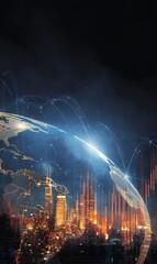 Poster - Digital world map with city skyline illuminated at night