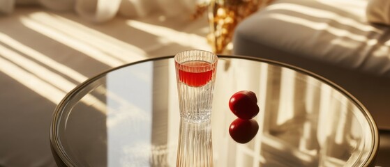 Poster - Elegant Drink and Plum Still Life on Reflective Table in Sunlight Interior Close Up Minimalist Style