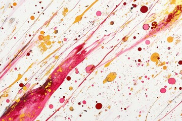 Poster - Abstract Paint Splatter Art on White Canvas Close Up Shot of Red Pink and Gold Colors