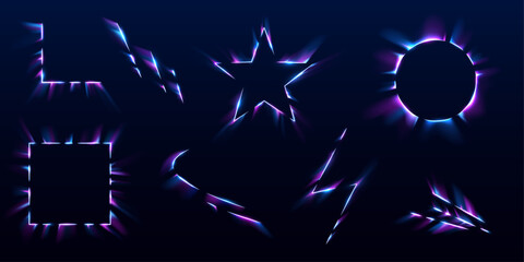 Poster - Bright neon light frames appear in dynamic shapes. Circles, stars, and lightning bolts flash with glowing energy. Perfect for adding intensity to tech designs.