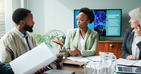Aufkleber - People, manager and explain in presentation at office for planning, neuroscience and innovation ideas. Staff, meeting and briefing paperwork, brain technology and proposal report with neurofeedback