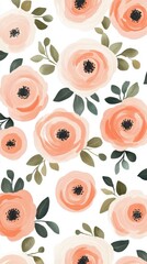 Poster - Watercolor Floral Pattern on White Background Close Up View of Peach Roses and Green Leaves for Textile Design