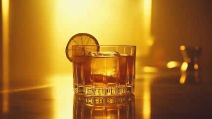 Poster - Old Fashioned Cocktail with Ice and Orange Slice, Golden Light, Close Up, Bar Setting, Classic Drink