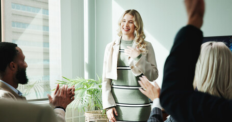 Poster - Woman, presentation and meeting for workshop with office, support and employee engagement. Applause, seminar and explain with speaker, training and briefing for advice, learning and brainstorming