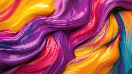 Poster - Brushstroke dance across canvas, blending rich hues of yellow, purple, turquoise, and red in a vivid abstract.