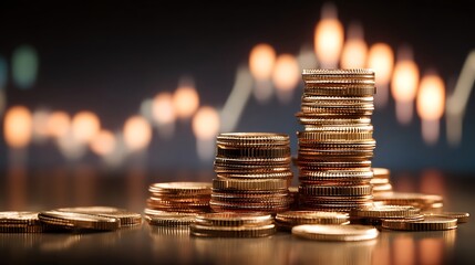Poster - Close, up of stacked coins against a backdrop of glowing financial graphs, perfect for topics on investment strategies, economic forecasts, financial planning, and market analytics