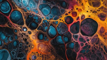 Poster - Color-rich macro photo of a modern impasto painting showing chaotic beauty in brushstrokes and layering.