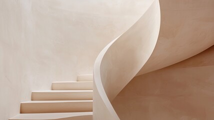Poster - Sleek beige spiral staircase winding through minimalist white interior, architectural elegance
