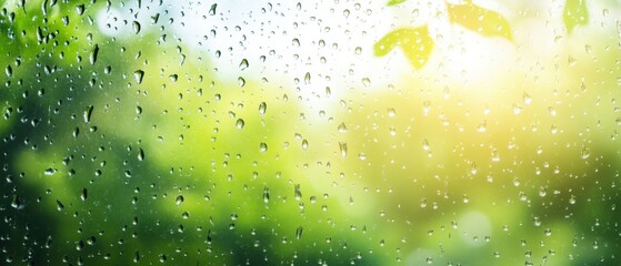 Poster - Raindrops on Window Glass with Green Foliage Background Close Up Abstract View Rainy Day Weather Concept