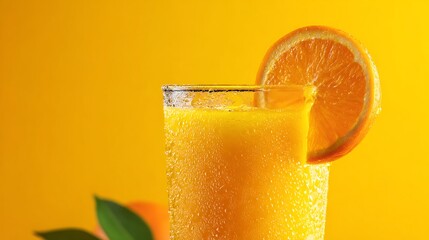Poster - Closeup of a refreshing glass filled with chilled freshly squeezed orange juice garnished with a slice of orange on a vibrant yellow background the image showcases the vibrant color clarity