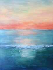 Poster - Serene Ocean Horizon Painting with Pastel Sky and Gentle Wave in Abstract Style Coastal Landscape