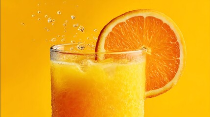 Poster - Closeup of a refreshing glass filled with chilled freshly squeezed orange juice garnished with a slice of orange on a vibrant yellow background the image showcases the vibrant color clarity