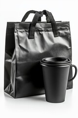 Poster - Black shopping bag and coffee cup still life on white background studio shot for branding and advertising mockup in minimal style