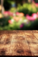 Poster - Rustic Wooden Table Surface with Blurred Floral Garden Background for Product Mockup or Food Photography Backdrop