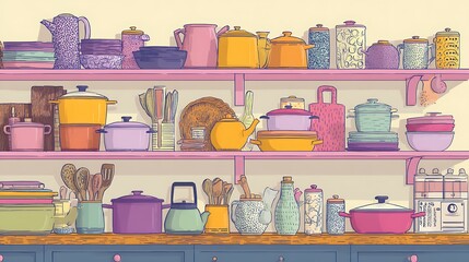 Poster - Colorful kitchen shelves with utensils and pots