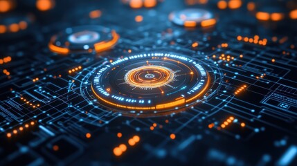 High-tech circuit board with glowing holographic interface
