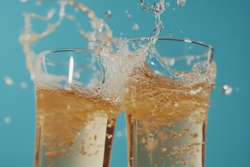 Poster - two glasses toasting with splashing liquid on blue background close up celebration cheers