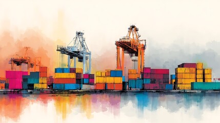 Poster - Colorful shipping port with cargo containers and cranes